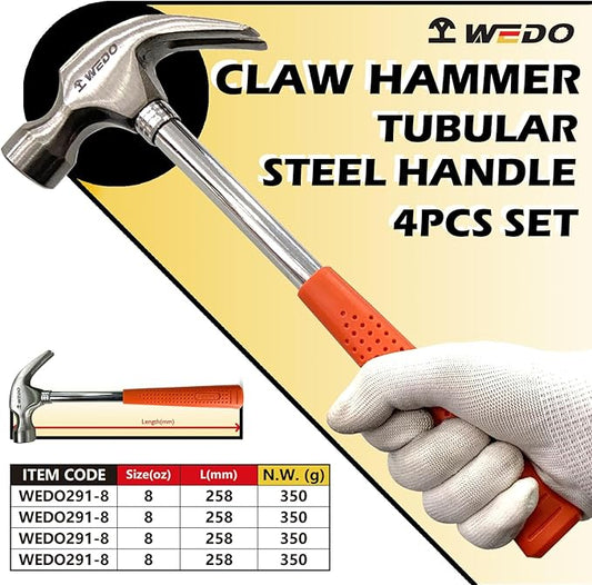 WEDO 4PCS Claw Hammer Set 8oz,Steel Framing Hammer with Tubular Steel Handle,Straight Claw Hammer for Household Maintenance,Gardening,Yard Work,Repairing,Length 258mm