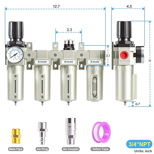 TAILONZ PNEUMATIC 0-240PSI 3/4 Inch NPT Industrial Grade 4 Stage Air Drying System, Double Particulate Filter, Coalescing Filter, Desiccant Dryer and Air Regulator (Manual Drainage)