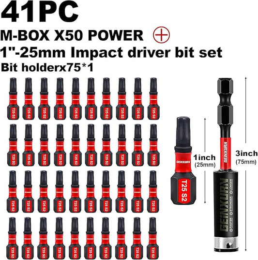 40 Pieces 1 In. T25 Impact Tough Magnetic Screwdriver Bit Set, #25 Torx Head Insert Bits, S2 Alloy Steel Star Bits with 1 Pc Impact Bit Holder and Storage M-Box