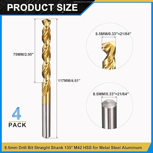 PATIKIL 8.5mm Drill Bit, M42 8% Cobalt High-Speed Steel Jobber Straight Shank 135° Titanium Nitride (TiN) Coated for Hard Metal Stainless Steel - 4 Pack