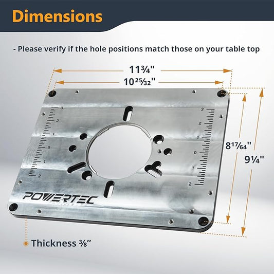 POWERTEC Aluminum Router Table Insert Plate with Reducer Rings, Leveling Screws, and Starting Pin ??Compatible with Bosch, DeWalt, Makita, and Other Brands for Woodworking with Router Tables (71850)