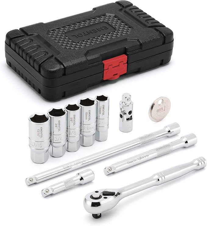 EMENTOL 11PCS 3/8" Drive Socket Accessory Set, SAE/Metric, 6 Point Spark Plug Sockets, Universal Joint, Extension Bar, Ratchet Wrench, Spark Plug Gap Gauge