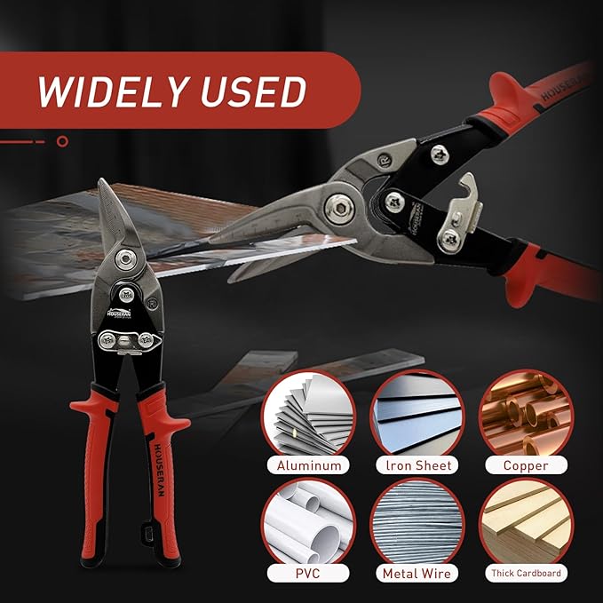 10 Inch Tin Snips, Right Cut Offset Aviation Snips, Heavy Duty CR-MO Metal Cutter with Double Lever, Scale Markings & Safety Lock, Tinner Shears Scissors for Cutting Metal Sheet