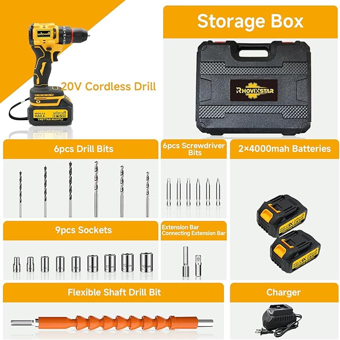 Cordless Drill Set, Power Drill Tool Set 20V, 3/8-Inch Keyless Chuck Drill Gun,Variable Speed (Equipped with two 4000mAh batteries)