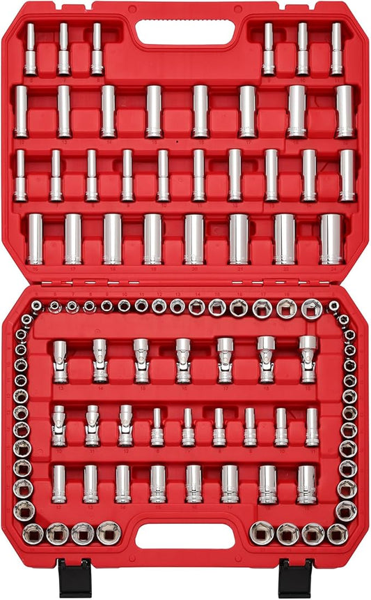 CASOMAN 104 PCS 3/8" Drive Master Impact Socket and Flex Socket Set, Include Deep, Mid-Length, Shallow & Stubby Socket, 6-Point & 12-Point, Metric, CR-V