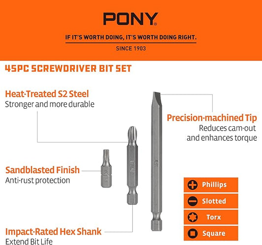 PONY 45-Piece Screwdriver Bit Set with Tough Case, 1/4" Hex S2 Steel Screwdriver Bits, Precision-Machined Tip, 1", 2" & 3-1/2" Bits with Magnetic Drive Guide & Magnetic Nut Drivers for DIY Projects