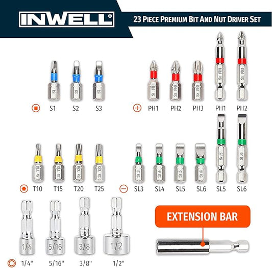 23 Piece Premium Screwdriver Bit Set,Nut Driver Set,Driver Bit Set - S2 Steel Color Bits Set - Magnetic Tips - Phillips,Slotted,Square and Torx - for Power Drill