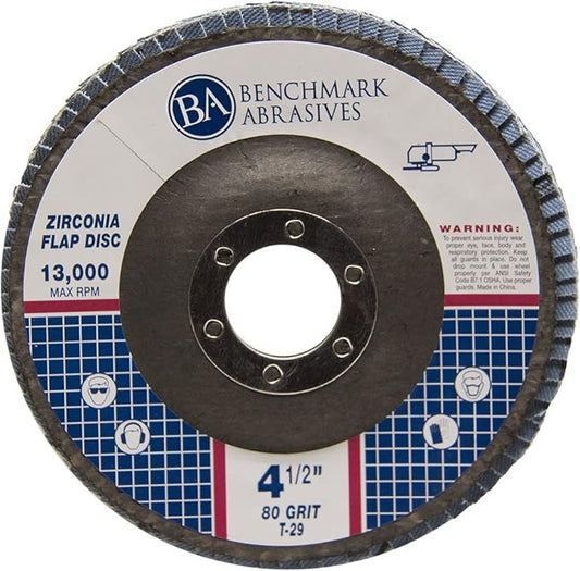 Benchmark Abrasives 4.5" x 7/8" Premium Zirconia T29 Angled Flap Discs 4 1/2 for Angle Grinder, Sanding Discs, Finishing, Rust, Stock Removal- Grinding Wheels 4 1/2 Inch (100 Pack) - 80 Grit