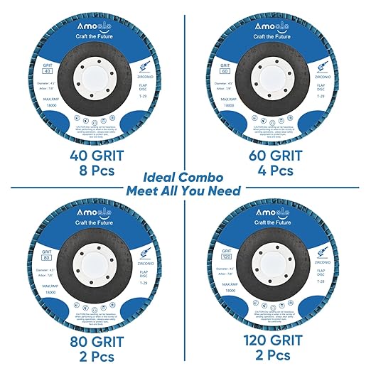 Amoolo 4 1/2 Inch Zirconia Flap Discs, 16 PCS 40 60 80 120 Grit Angle Grinder Sanding Wheel, High Density Abrasive Grinding Discs for Metal/Wood Grinding (7/8 inch Arbor Size)