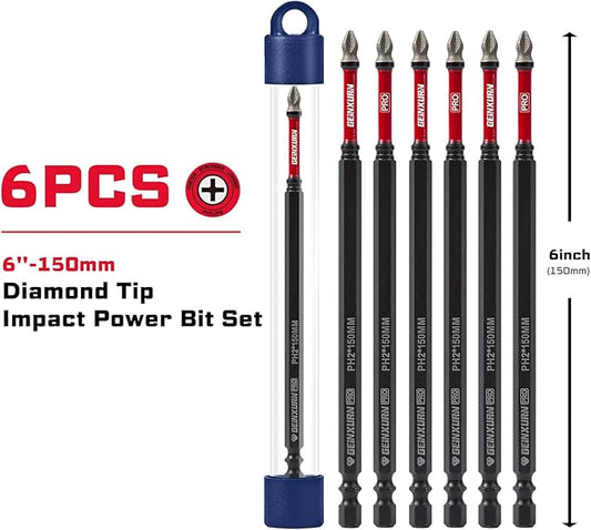 6Pcs Diamond Coated Impact Screwdriver Bit Set, 6 Inches #2 Phillips Power Driver Bits, Magnetic S2 Steel PH2 Screwdriver Bits Set with Tubes Package