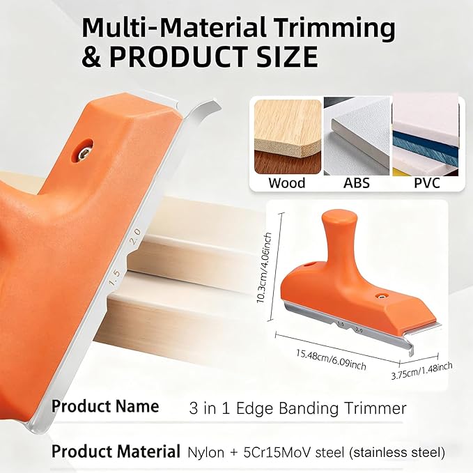 Edge Banding Trimmer 3-in-1 with Stainless Blades & Ergonomic Grip | for Deburring, Planing, Correcting Wood, Veneer, PVC | Use on Straight, Curved, Chamfered Edges | Gift for Woodworkers, DIYers, Dad