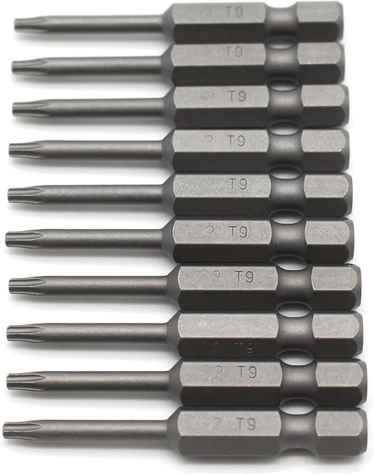 TEMO 10 pc T9 Torx Star Head Screwdriver Bit Set, S2 Steel 6 Point T-9 Reduced Round Shaft Screwdriver Insert Bits Hex Shank