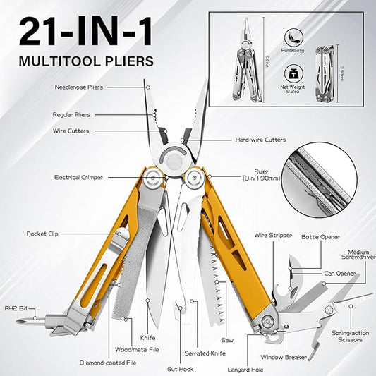 RBLACK Longeron21 Multitool, 21-in-1 Multi Tool Pliers with Safety Locking and Spring-Action Scissors, Heavy-duty Stainless Steel Multi-tool Set for Work, Home, Garden, DIY & Auto, Maple Yellow