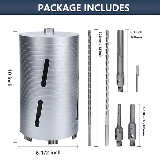 6-1/2 inch Diamond Dry Core Drill Bit, 10" Drilling Depth, 5/8"-11 Thread Core Drill Bit for Concrete Masonry Brick Block, Includes 3 Adapters SDS Plus, SDS Max and Hex (6-1/2 inch)