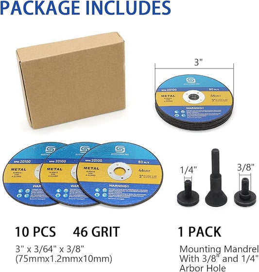 3inch Cut-Off Wheels 3" x 3/64" x 3/8",Die Grinder Cutting Disc for Die Grinder,with 1/4" Shaft, 3/8" & 1/4" Arbor Mounting Mandrel-10Pack Cutting Wheels+1pc Mandrel