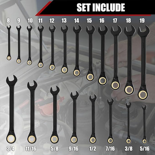 Mayouko 20PCS Reversible Ratcheting Combination Wrench Set, SAE 5/16"-3/4" & Metric 8-19mm, 12 Point, 72 Tooth, Cr-V Steel with Black Chrome Finish