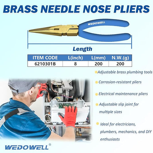 WEDOWELL 8" Needle Nose Pliers,Paper Clamp Precision,Soft Grip with Wire Cutter,Brass Long Nose Cutting Pliers for Home, Fishing, Jewelry, Crafts,Length 200mm