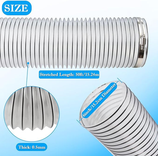 6" x 50' PVC Dust Collection Hose, 6 Inch Dust Collector Hose for Shop Vacuum,Woodworking Dust Collection Systems,Puncture Resistant Flexible Clear PVC Fume Debris Dust Hose Tube w/Carbon Steel Wire
