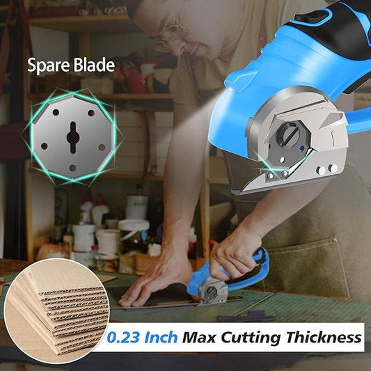 Cordless Electric Scissors, 4V Rechargeable Box Cutter & Cardboard Cutter with LED Light, Safety Lock - Rotary Cutter for Fabric, Leather, Carpet, Plastic, Crafting, Sewing with Storage Box (Blue)