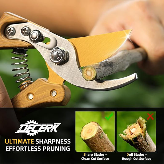 DECERK 8.5" Professional Bypass Pruning Shears ??Heavy Duty Garden Scissors & Clippers for Wood & Tree Trimming, Ultra Sharp SK5 Blade, Ergonomic Handle, Perfect Gardening Gift, 2025 Wood-Like Finish