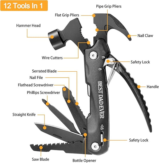 Custom Gifts For Men, Hammer Multi Tool 12 In 1, Camping Gear Survival Gadgets, Dad, Husband, Boyfriend, Grandpa, Grandson, Uncle, Brother, Groomsman, Anniversary Father's Day Birthday Valentines Gift