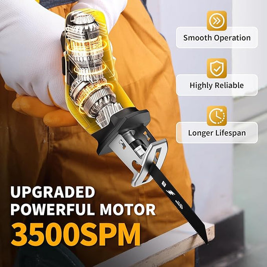 Reciprocating Saw Cordless, Variable Speed 0-3500SPM Power Reciprocating Saw, Tool-Free Blade Change, Battery Reciprocating Saws with 4 Saw Blades for Woods/Metal/Plastic Cutting, Yellow