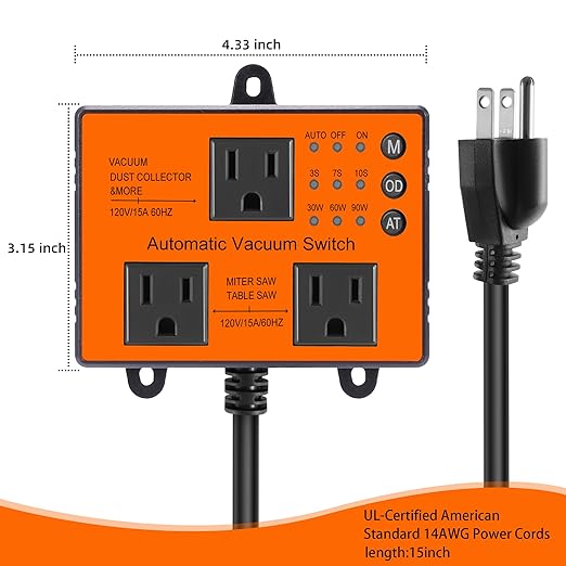 Automatic Vacuum Switch, Autoswitch for Dust Collector Woodworking Shop Miter Saw,120V/15A, Auto/On/Off 3Modes, Adjustable Delay Shutoff