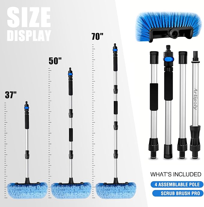 72" Car Wash Brush with Long Handle, Flow-Thru Soft Bristle Car Washing Brush with Extendable Handle and Hose Attachment and On/Off Switch for Car, RV, SUV, Truck, Boat, House Siding(Blue)
