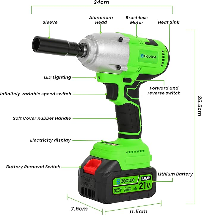 BOOTEE Cordless Impact Wrench 1/2 Inch, 516ft-lbs (700N?팵) Brushless Impact Gun, 3500RPM w/2x4.0Ah Battery, 5 Sockets, High Torque Electric Impact Driver for Car/Truck/Home DIY