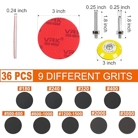 36 Pcs 3 Inch Hook & Loop Sanding Sponge Discs,180 to 3000 Grits Wet Dry Sanding Attachment with 1/4??Round and Hex Shanks for Drill Sanding Grinder Rotary Tools Curved Surface Polishing