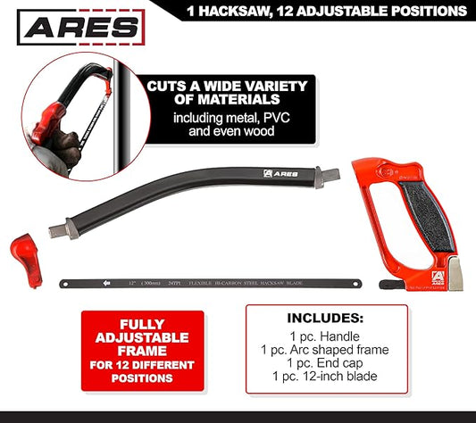 ARES 70098-3D Professional Hacksaw - Multi-Adjustable Arc-Shaped Frame - Multi-Angle Blade Position - 12-Inch Hi-Carbon Steel Blade