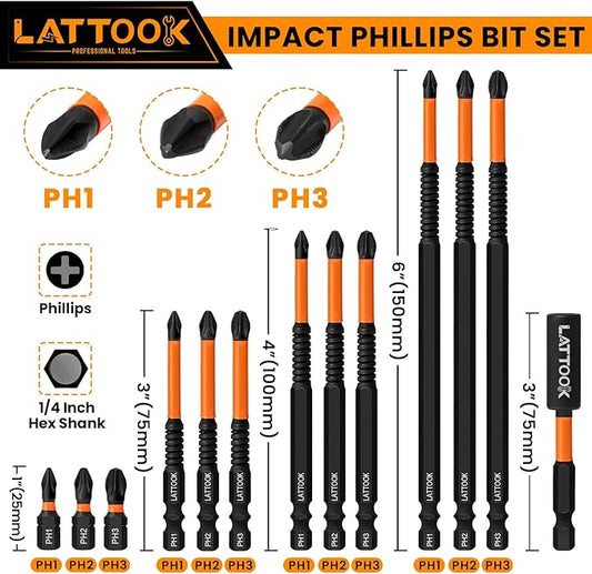 13-Pack Impact Phillips Bits Set, LATTOOK #1, #2, #3 Magnetic Anti Slip Long Phillips Screwdriver Bits Set, 1/4" Hex Shank S2 Steel, Ph1, Ph2, Ph3