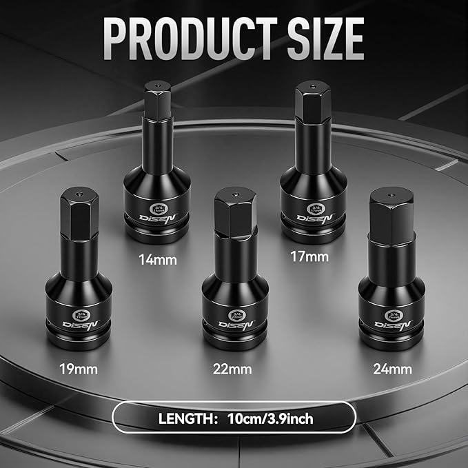 DISEN 3/4 Inch Drive Impact Hex Driver Set, 5-Piece, Metric, 14mm, 17mm, 19mm, 22mm, 24mm, CR-MO Steel, Professional Mechanic Repair 3/4??Hex Socket Set