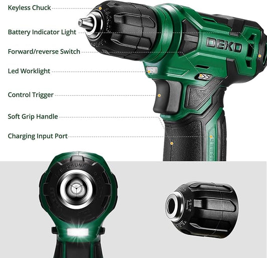 DEKOPRO 8V Cordless Drill, Drill Set with 3/8"Keyless Chuck, 42pcs Acessories, Built-in LED, Type-C Charge Cable, Green Power Drill for Drilling and Tightening/Loosening Screws