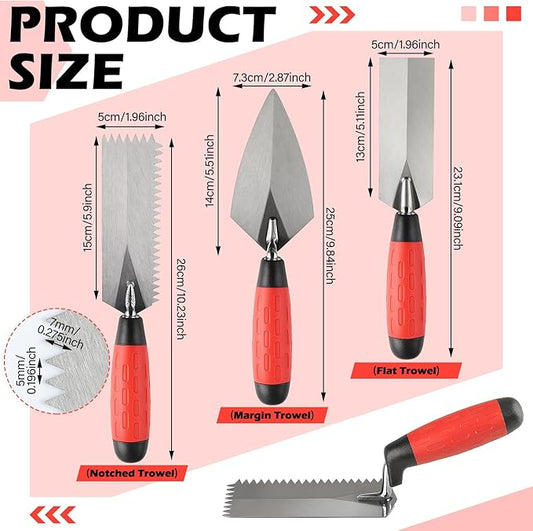 3 Pcs Masonry Tools Set High Carbon Steel 6'' V Notched Flooring Trowels, 5.5'' Pointing and 5'' Margin Trowel with Soft Handle Grip Bricklaying Hand Tool for Concrete Cement Plaster Tile Construction
