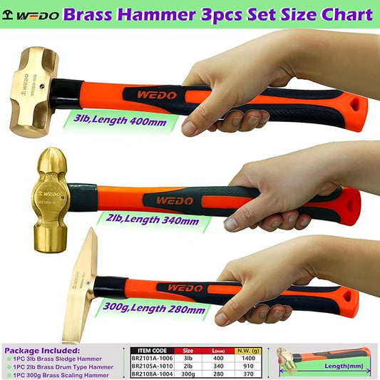 WEDO 3PCS Hammer Set,3lb Sledge Hammer,2lb Ball Pein Hammer,0.7lb Scaling Hammer,Brass,Fiberglass Handle,Die-Forge,Corrosion Resistant