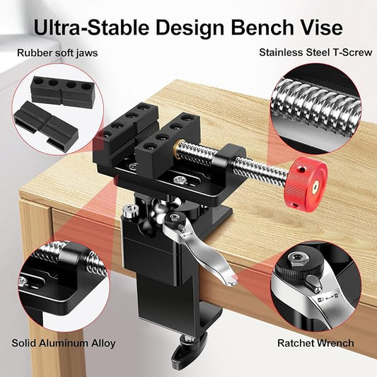 ArtyMaster 360째 Rotating Mini Bench Vise with Quick-Release Ratchet Wrench, 2.48" General-Purpose Table Vise for Woodworking, Metalworking, Modeling, Mini Vice Clamp for Small Projects WT104C