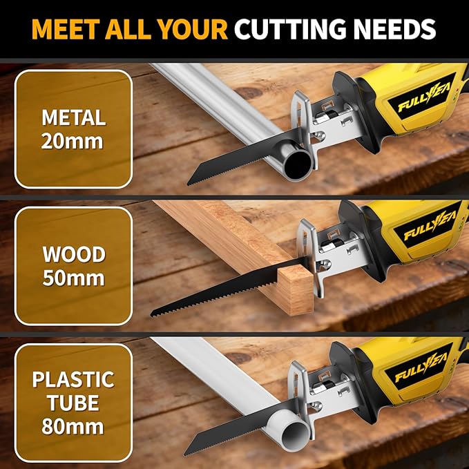 Reciprocating Saw Cordless, Variable Speed 0-3500SPM Power Reciprocating Saw, Tool-Free Blade Change, Battery Reciprocating Saws with 4 Saw Blades for Woods/Metal/Plastic Cutting, Yellow