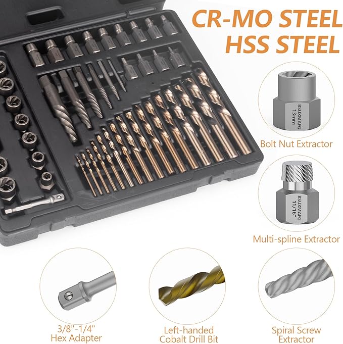 49PCS Screw & Bolt Extractor Set with Left Hand Drill Bit Set, Multi-Spline Easy Out Broken Bolt Remover Tools for Damaged Stripped Rounded-Off Bolts, Socket Screws, Nuts, Studs, and Fittings