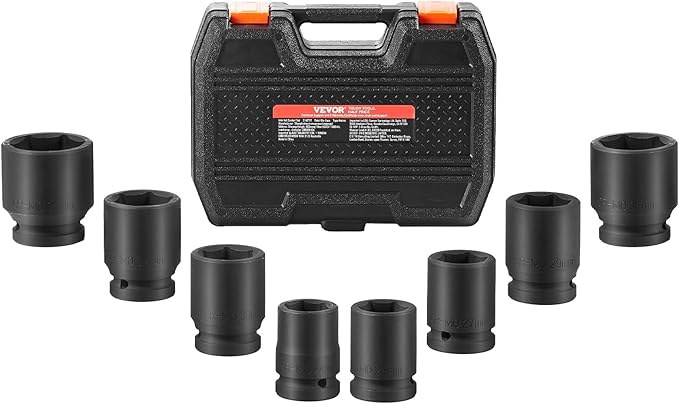 VEVOR Axle Nut Impact Socket Set, 3/4" Drive 6-Point 8-Piece Metric Spindle Nut Socket Set, CR-MO Heat Treated Large Socket Set with Storage Case, for Auto Repair, Removing or Installing Axle Nuts
