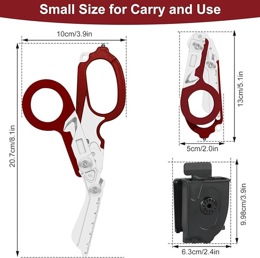 6-in-1 Heavy Duty Emergency/Trauma Shears, with Carbide Glass Breaker, Ring Cutter, Foldable, Stainless Steel Multi-Purpose Scissors for Hospital, Home, Camping, and Travel Rescue Tools (Red)