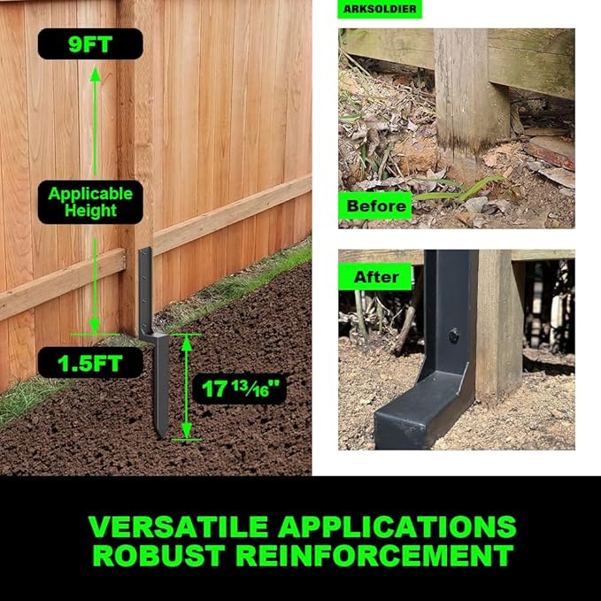 Fence Post Repair Kit - Quick Fix Broken/Leaning 4x4/6x6 Wood Posts Support with One-Piece Steel Anchor & Stakes (Thickened 11-Gauge, 2-Pack)