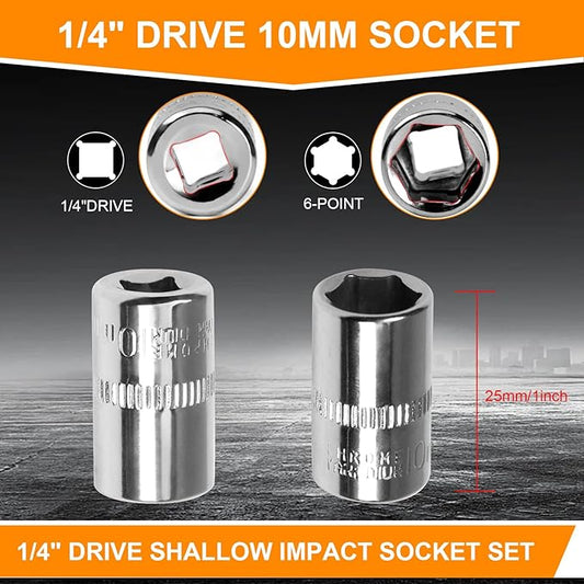 Utoolmart 1/4" Drive 10mm Socket, Shallow Socket Set, for General Repairs, 6-Point, Metric, Cr-V, 2pcs