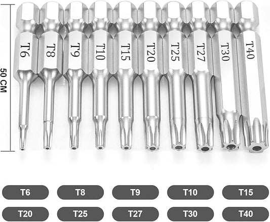 10 Piece Security Torx Bit Set (T6-T40), 1/4 Inch Hex Shank S2 Steel Magnetic Tamper Proof star screwdriver bit set 2" Long