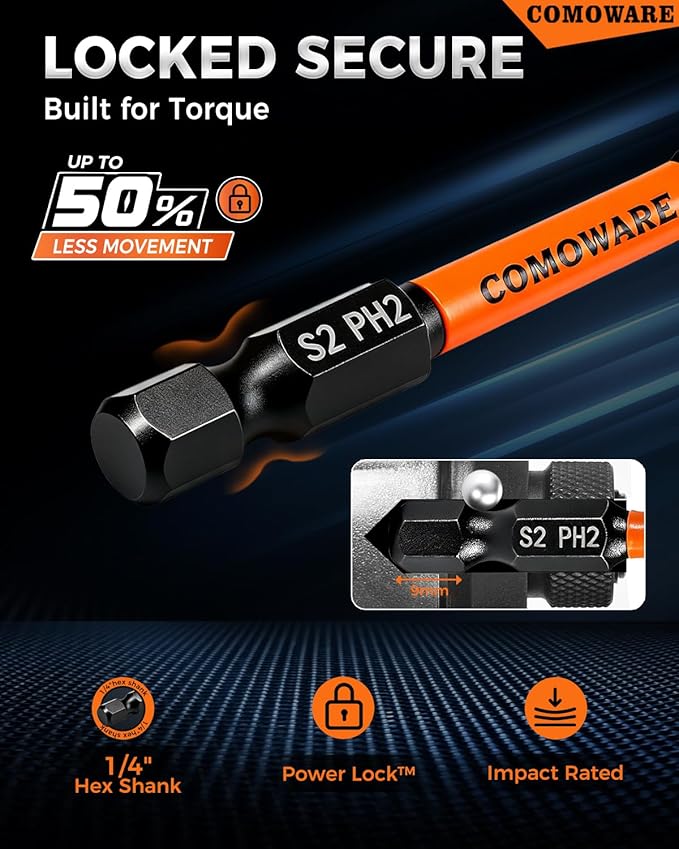 COMOWARE 13pcs Phillips Impact Screwdriver Drill Bits #2, S2 1/4" Hex Screwdriver Bit Set, 1-6" Length, CNC Tip Magnetic Drill Bit, Impact Hex Bits Sets with Magnetizer For Power Drill