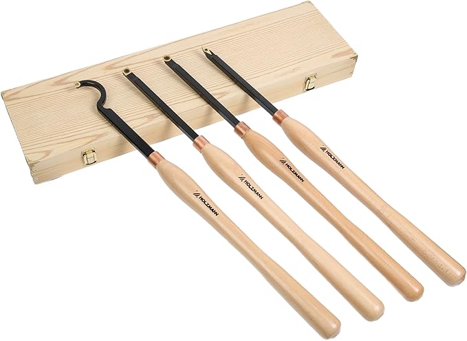 20" Full Size 4 PCS Carbide Wood Lathe Turning Tool Set, Including Swan Neck Hollower, Rougher, Finisher, Detailer, Titanium Coated Carbide Blades 2X Extended Service Life, Beech Wood Handle