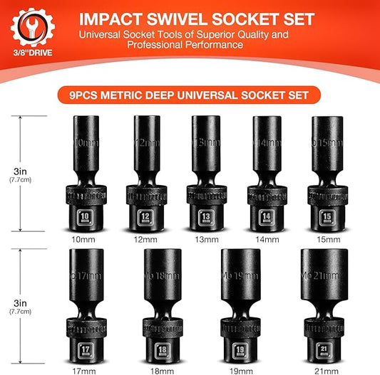 BLACKROBOT 3/8" Drive Deep Universal Impact Socket Set, 9-Piece Swivel Socket Set, Metric Flexible Wobble Sockets, 10-21mm, 6 Point, CR-MO, With Heavy Duty Storage Case