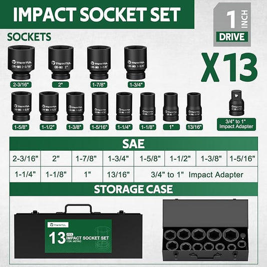 1 Inch Drive Impact Socket Set, SAE, 6 Point,13pcs Large Socket Set(1?? 2-3/16??, 42 CR-Mo Jumbo Impact Socket Kit with 3/4"F x 1"M Adapter & 13/16"Socket, for Truck & Equipment Repair