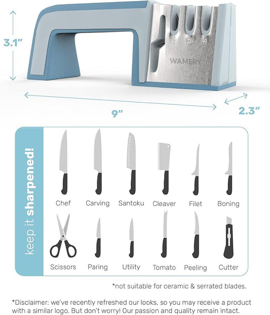 Wamery Knife & Scissors Sharpener, 4-Stage Pull-Through with Scissors Slot, Diamond & Ceramic Stages, Non-Slip Base, Ergonomic Handle - Restores Straight & Lightly Serrated Edges