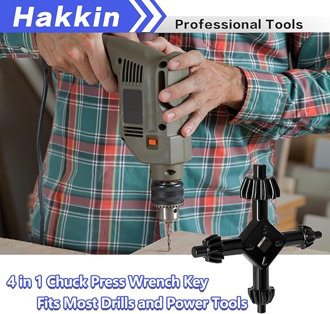 Hakkin 4 in 1 Drills Chuck Key Wrench, 1/4”, 3/8”, 1/2”, 5/8”, 3/4”, 1” Sizes Universal 4 Way Chuck Key, Replacement Tool for Electric Drills, Impact Drivers, Tightening and Loosening Chuck (Size L)
